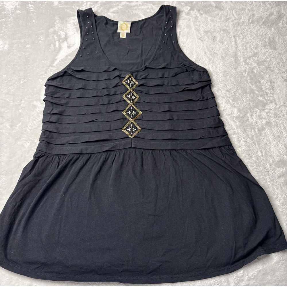 Ric Rac Anthropologie Large Black Beaded Pleated Tank Top Shirt Boho Hippie